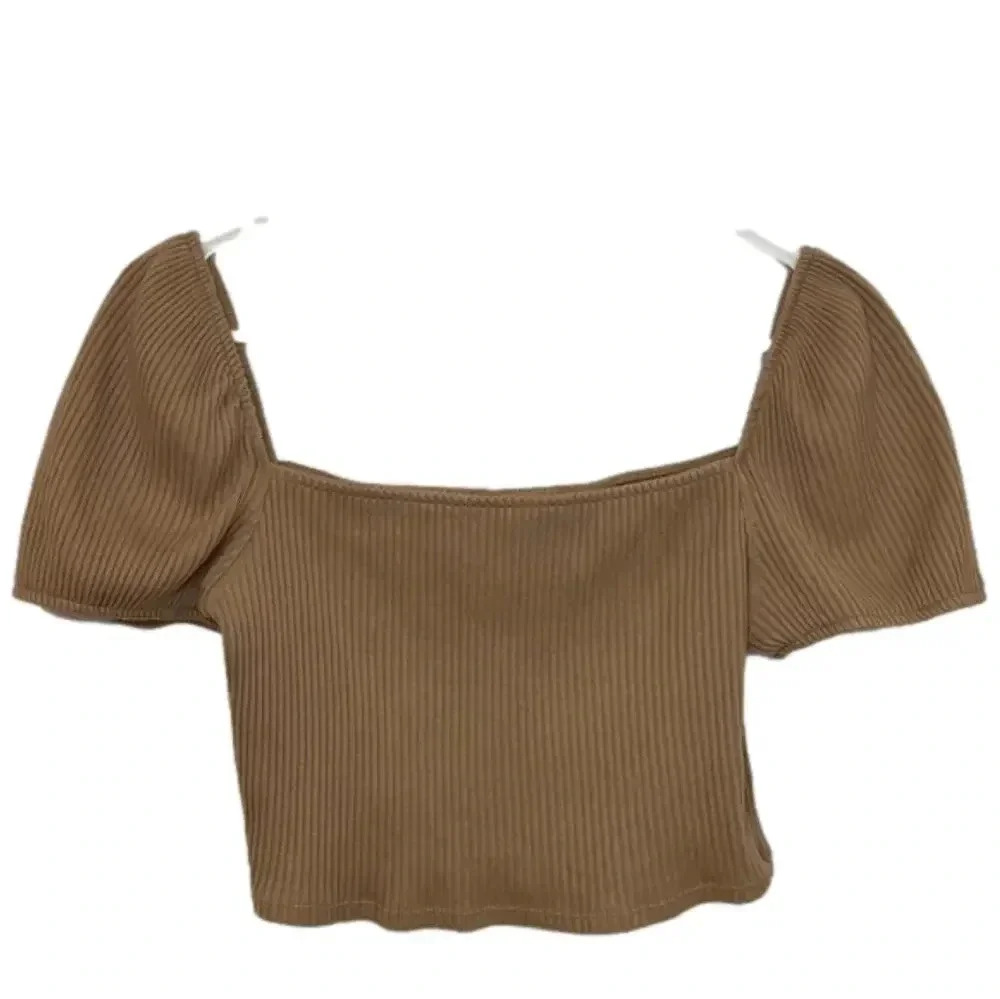 H&M Taupe Brown Puff Sleeve Ribbed Crop Top